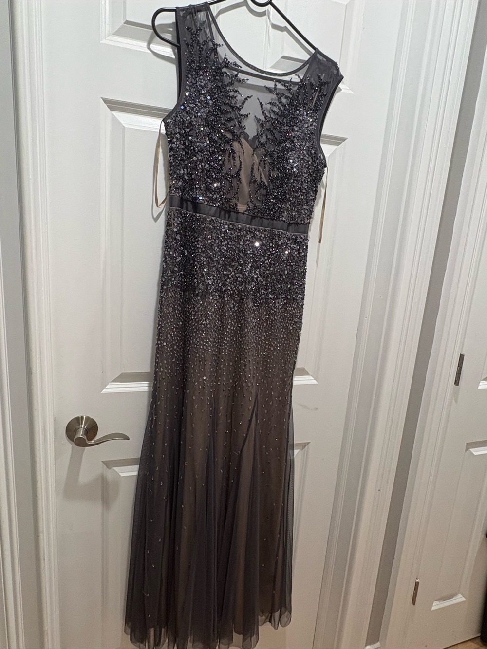 Adrianna Papell Charcoal Beaded Illusion Bodice Evening Gown